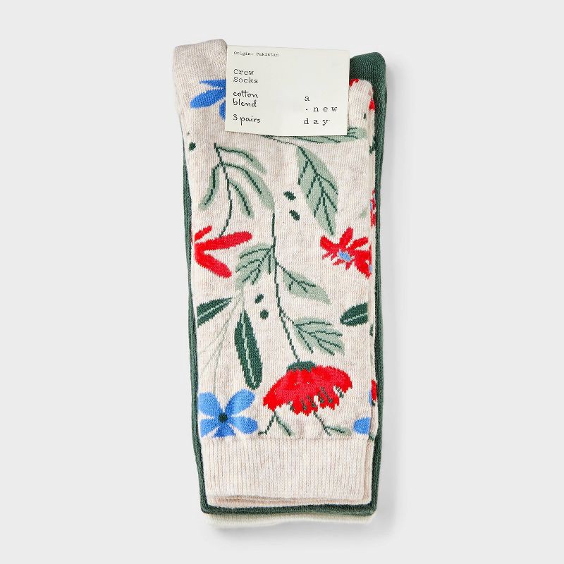slide 2 of 3, Women's Floral 3pk Crew Socks - A New Day™ Oatmeal Heather/ /Ivory 4-10: Cotton Blend, Tagless, Smooth Toe Seams, Knit, 3 ct
