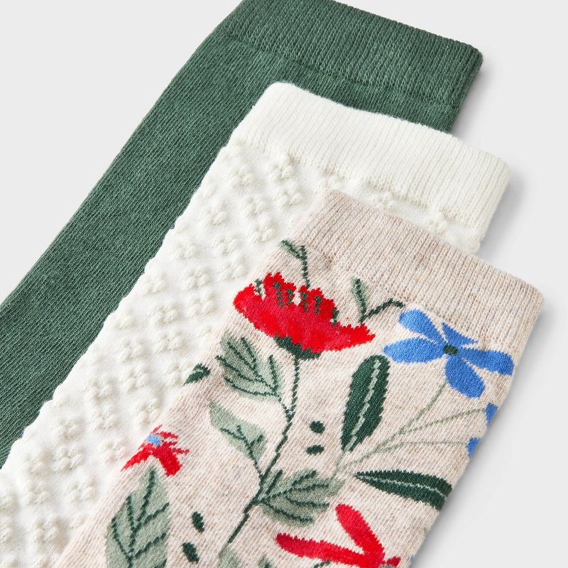 slide 3 of 3, Women's Floral 3pk Crew Socks - A New Day™ Oatmeal Heather/ /Ivory 4-10: Cotton Blend, Tagless, Smooth Toe Seams, Knit, 3 ct