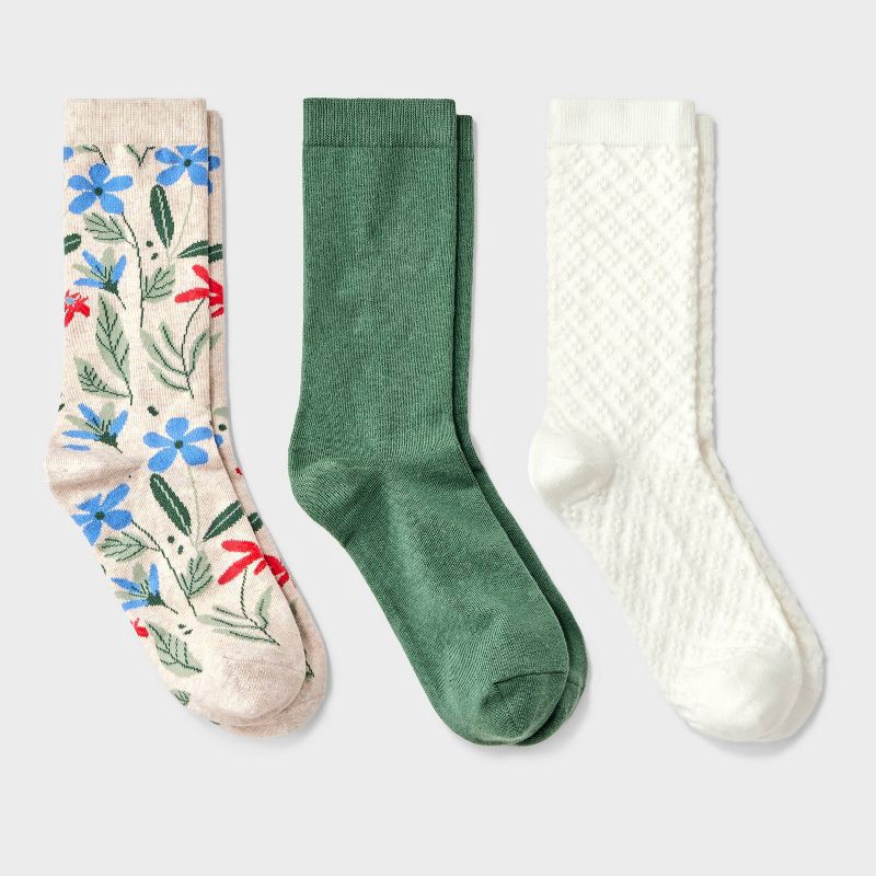 slide 1 of 3, Women's Floral 3pk Crew Socks - A New Day™ Oatmeal Heather/ /Ivory 4-10: Cotton Blend, Tagless, Smooth Toe Seams, Knit, 3 ct