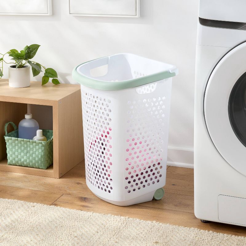 slide 2 of 3, Rolling Hamper White with Daydream Green Handles - Brightroom™, 1 ct