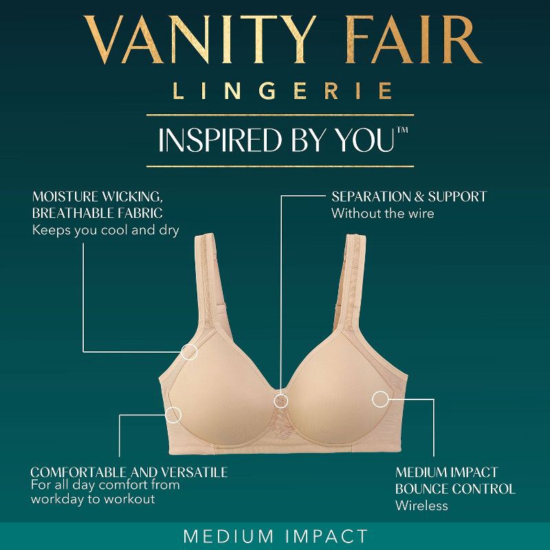 slide 6 of 6, Vanity Fair Lingerie Women's Sport Medium Impact Wireless Bra Inspired By You - Black 38D: Nylon Spandex Blend, Molded Cup, U Back, 1 ct