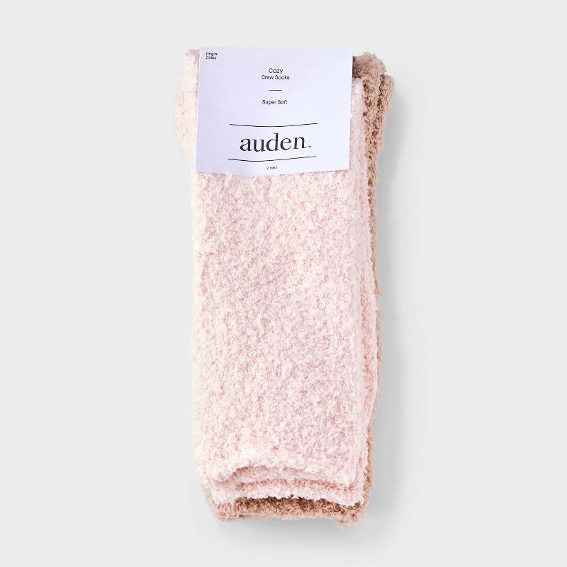slide 2 of 3, Women's Solid 2pk Cozy Crew Socks - Auden™ Pink/Tan 4-10: Recycled Polyester, Knit, Tagless, 2 ct