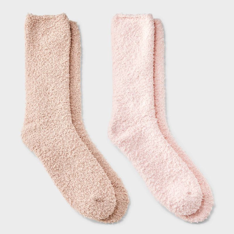 slide 1 of 3, Women's Solid 2pk Cozy Crew Socks - Auden™ Pink/Tan 4-10: Recycled Polyester, Knit, Tagless, 2 ct