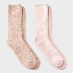Women's Solid 2pk Cozy Crew Socks - Auden™ Pink/Tan 4-10: Recycled Polyester, Knit, Tagless