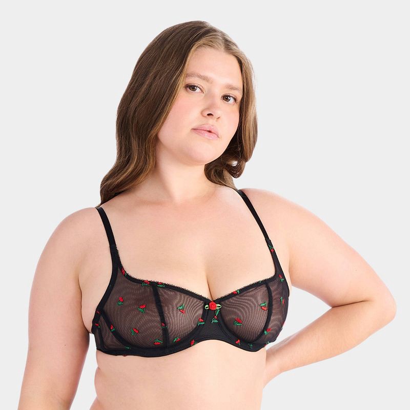 slide 2 of 4, Parade Women's Embroidered Unlined Balconette Bra - Sweet Cherry XL: Recycled Nylon, Adjustable Strap, Sheer Mesh, 1 ct
