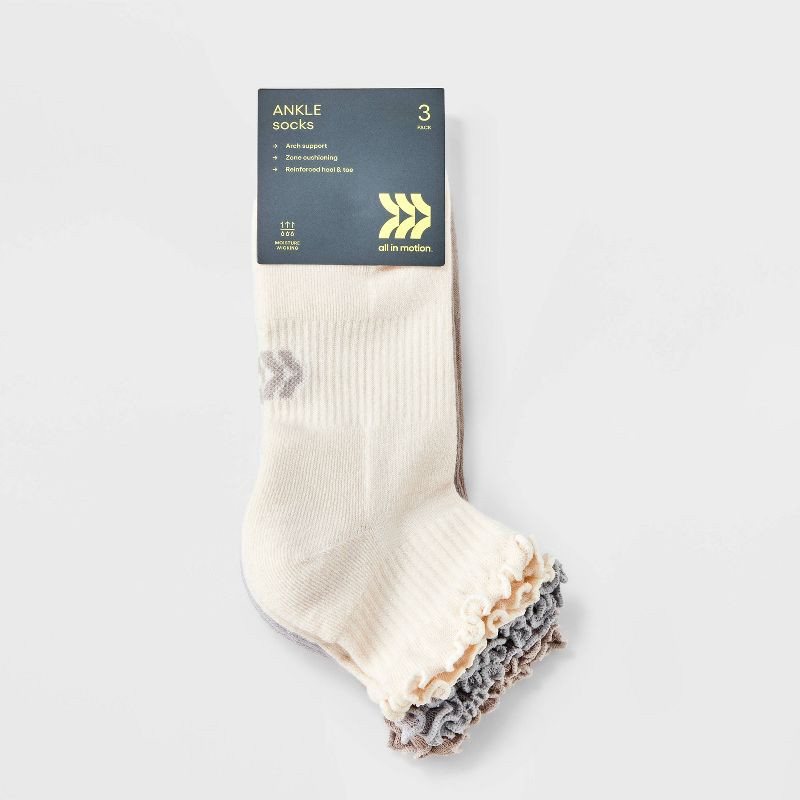 slide 2 of 3, Women's Cushioned Ruffle 3pk Ankle Socks - All In Motion™ Beige/Gray/Tan 4-10: Arch Support, Knit, 3 ct