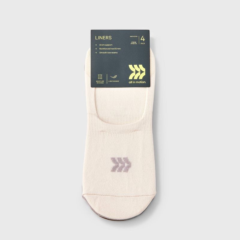 slide 2 of 3, Women's Lightweight 4pk Liner Socks - All In Motion™ Beige/Gray/Tan 4-10: Nylon Spandex Blend, Seamless Toe, 4 ct