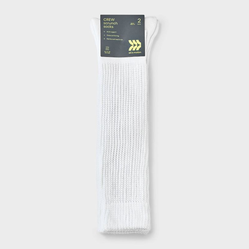 slide 3 of 4, Women's Cushioned Scrunch 2pk Crew Socks - All In Motion™ White 4-10: Arch Support, Knit Midweight, 2 ct