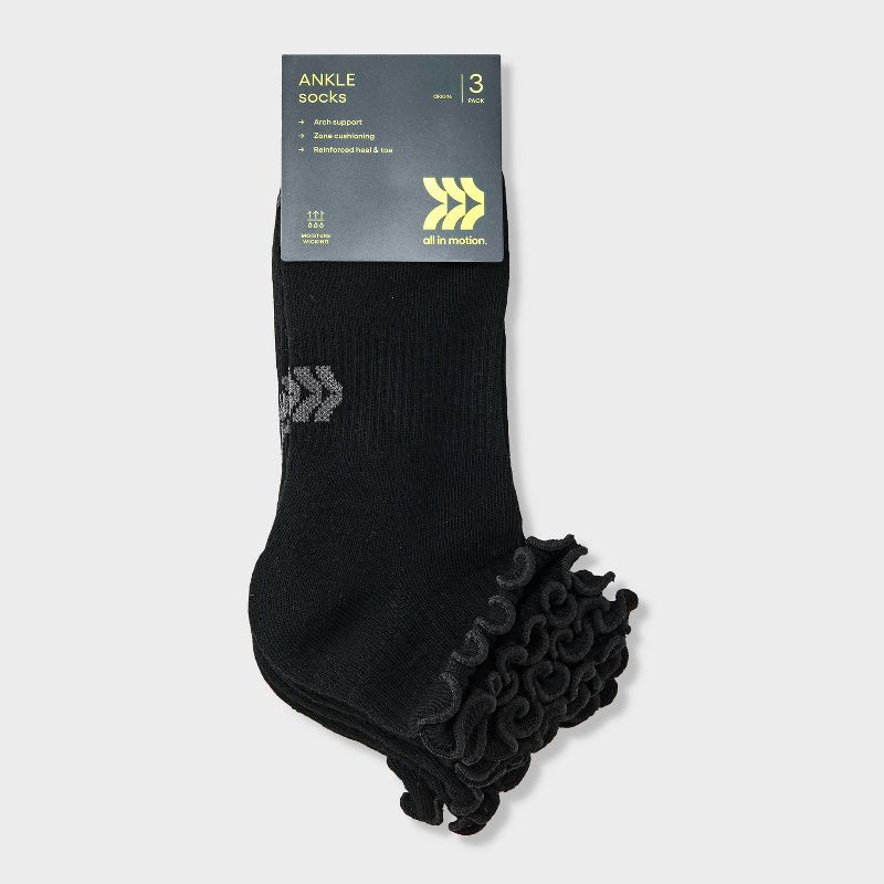 slide 2 of 3, Women's Cushioned Ruffle 3pk Ankle Socks - All In Motion™ Black 4-10: Arch Support, Knit Fabric, 3 ct