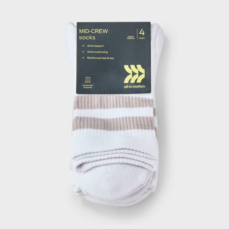 slide 2 of 3, Women's Cushioned Varsity 4pk Short Crew Socks - All In Motion™ White/Tan 4-10: Arch Support, Knit, 4 ct