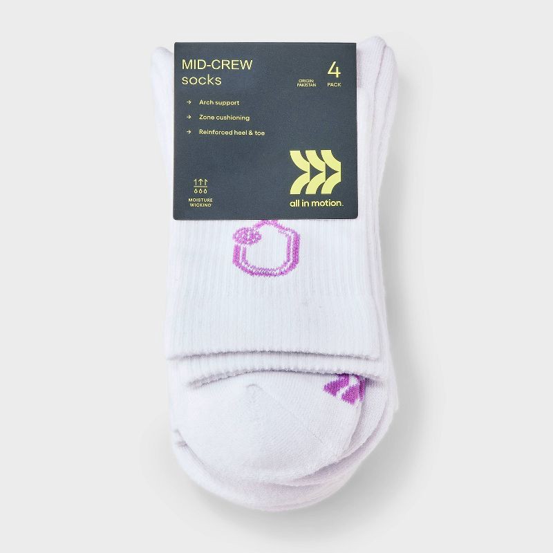 slide 2 of 3, Women's Cushioned Pickleball 4pk Short Crew Socks - All In Motion™ White/Blue/Purple 4-10: Arch Support, Knit, 4 ct