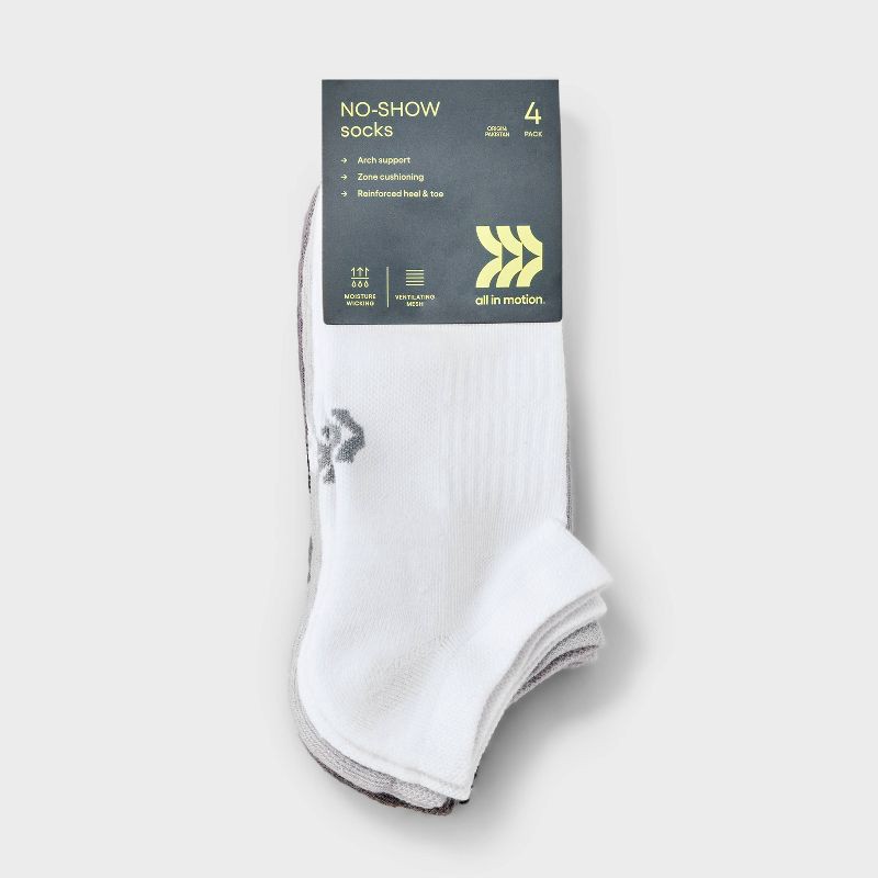 slide 2 of 3, Women's Cushioned Active Practice 4pk No Show Socks - All In Motion™ White/Gray/Black 4-10: Arch Support, Knit, 4 ct