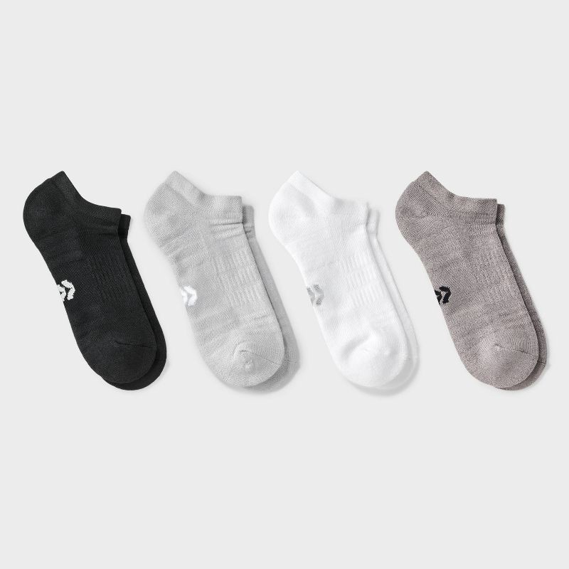 slide 1 of 3, Women's Cushioned Active Practice 4pk No Show Socks - All In Motion™ White/Gray/Black 4-10: Arch Support, Knit, 4 ct