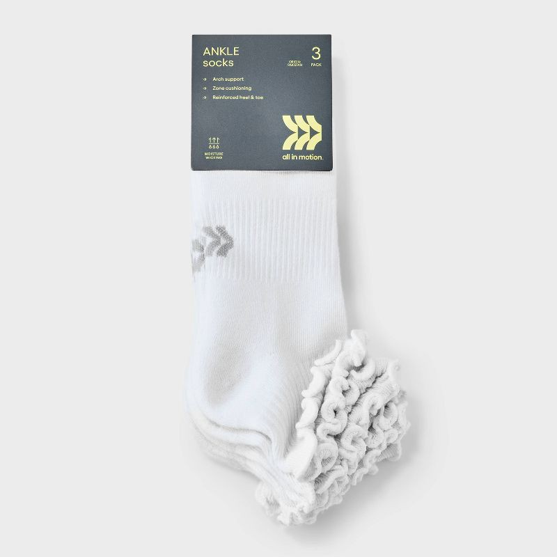 slide 2 of 3, Women's Cushioned Ruffle 3pk Ankle Socks - All In Motion™ White 4-10: Arch Support, Knit Midweight, 3 ct