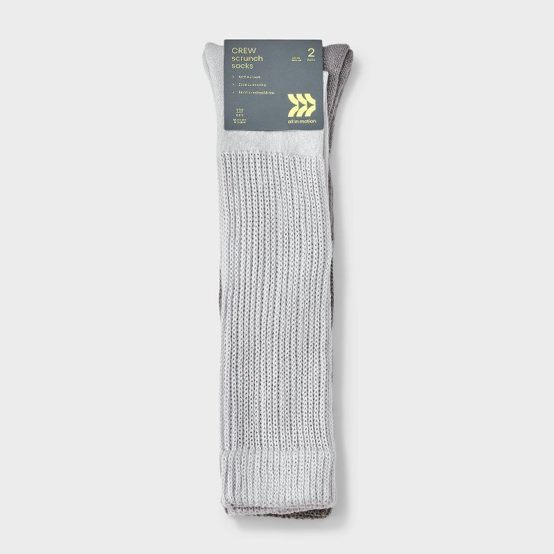slide 3 of 4, Women's Cushioned Scrunch 2pk Athletic Crew Socks - All In Motion™ Gray 4-10: Recycled Polyester, Arch Support, Knit, 2 ct