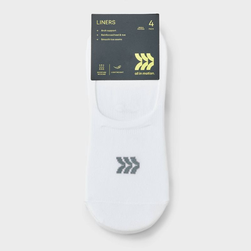 slide 2 of 3, Women's Lightweight 4pk Liner Socks - All In Motion™ White 4-10: Nylon-Spandex Blend, Tagless, Seamless Toe, Machine Washable, 4 ct