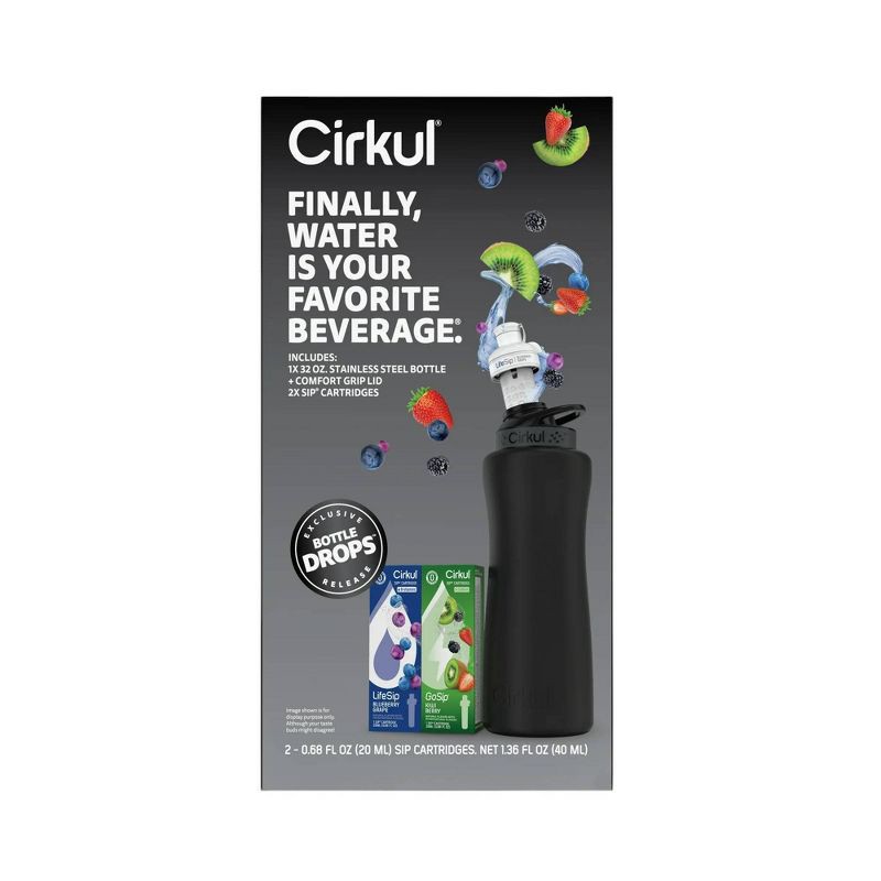 slide 3 of 7, Cirkul Matte Black Bottle with Black Lid and 2 Flavor Cartridges (LifeSip Blueberry Grape and GoSip Kiwi Berry) - 32oz, 32 oz
