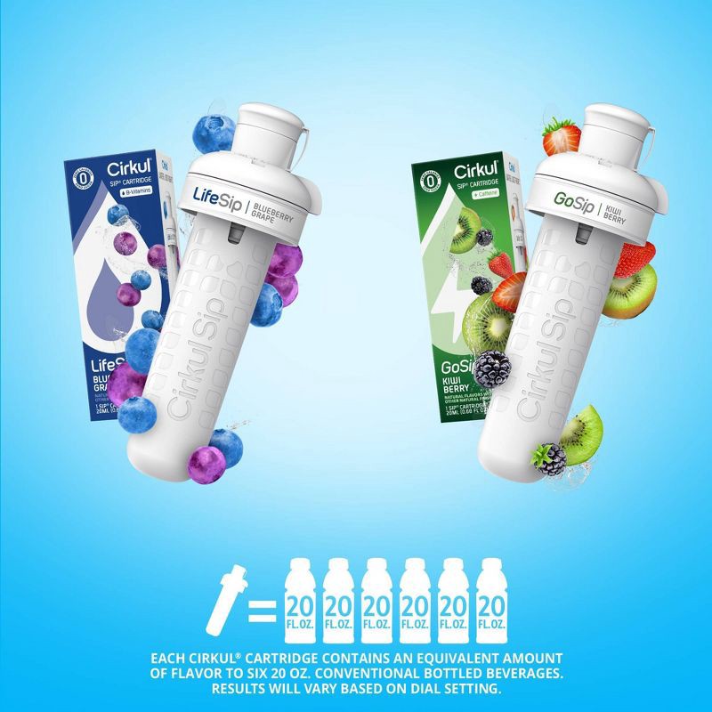 slide 4 of 7, Cirkul Matte Black Bottle with Black Lid and 2 Flavor Cartridges (LifeSip Blueberry Grape and GoSip Kiwi Berry) - 32oz, 32 oz