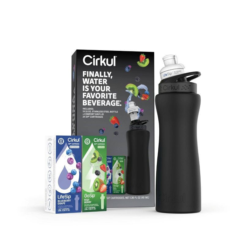 slide 1 of 7, Cirkul Matte Black Bottle with Black Lid and 2 Flavor Cartridges (LifeSip Blueberry Grape and GoSip Kiwi Berry) - 32oz, 32 oz