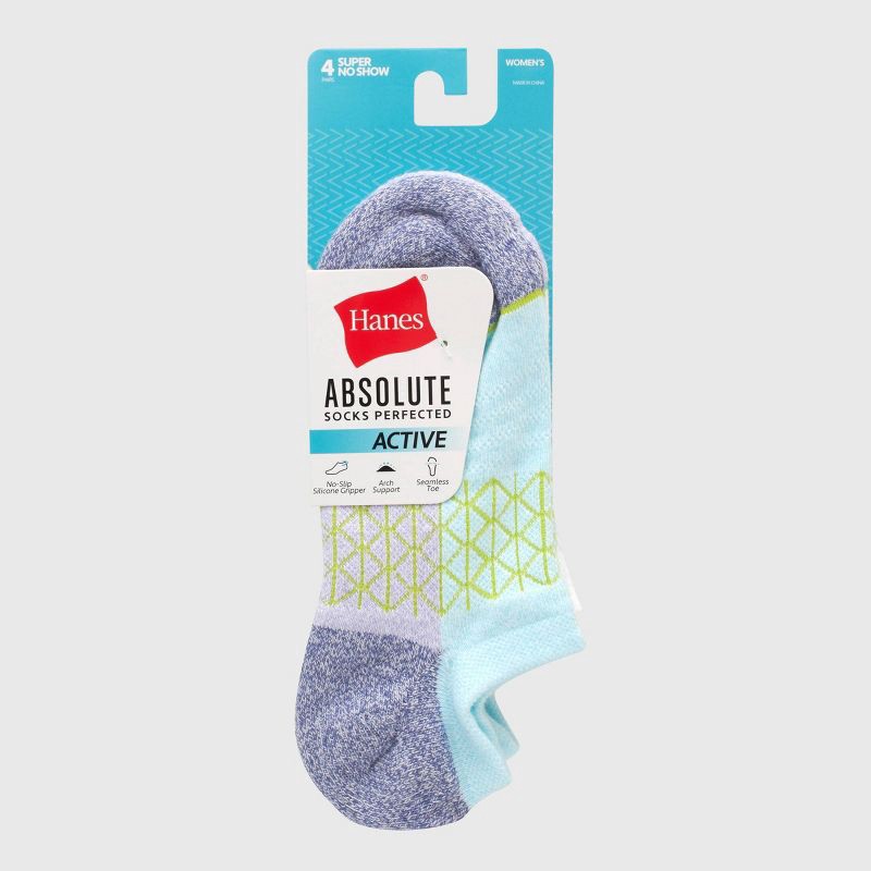 slide 3 of 3, Hanes Women's Absolute Active 4pk Super No Show Socks - Gray/Green 5-9: Cushioned, Arch Support, Seamless Toe, 4 ct