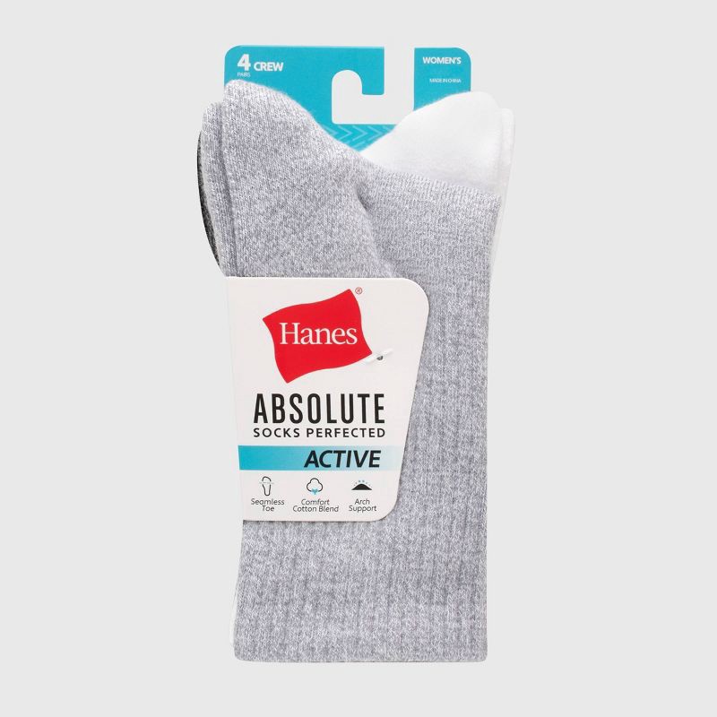 slide 3 of 3, Hanes Women's Absolute Active 4pk Crew Socks - White/Gray 5-9: Cotton Blend, Arch Support, Cushioned Sole, Seamless Toe, 4 ct