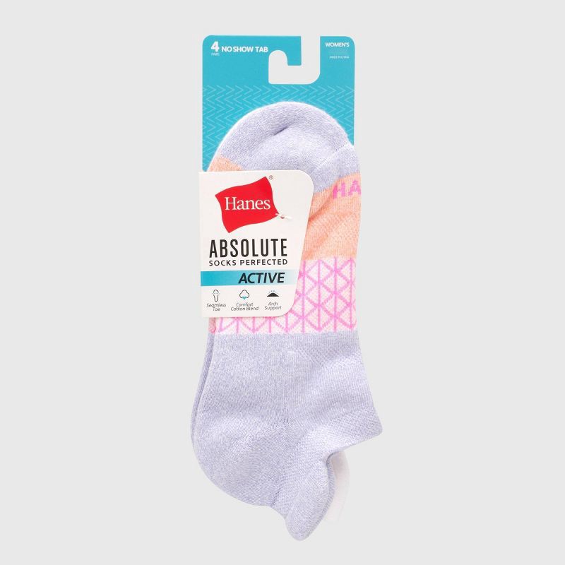 slide 3 of 4, Hanes Women's Absolute Active 4pk No Show Tab Socks - White/Purple/Pink 5-9: Cotton Blend, Arch Support, Cushioned Sole, Seamless Toe, 4 ct