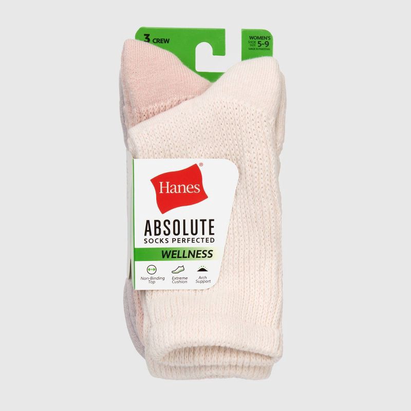 slide 7 of 8, Hanes Women's Absolute Wellness 3pk Non-Binding Crew Socks - Pink 5-9: Cushioned Sole, Seamless Toe, 3 ct