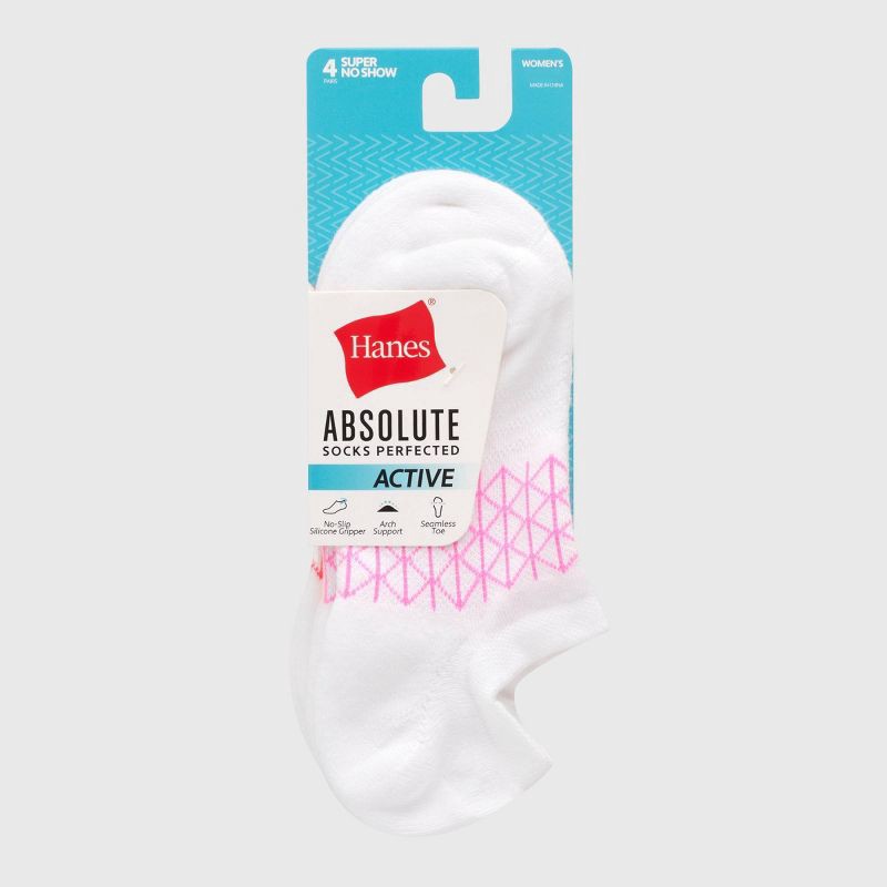 slide 3 of 3, Hanes Women's Absolute Active 4pk Super No Show Socks - White/Pink 5-9: Cotton Blend, Arch Support, Cushioned Sole, Seamless Toe, 4 ct