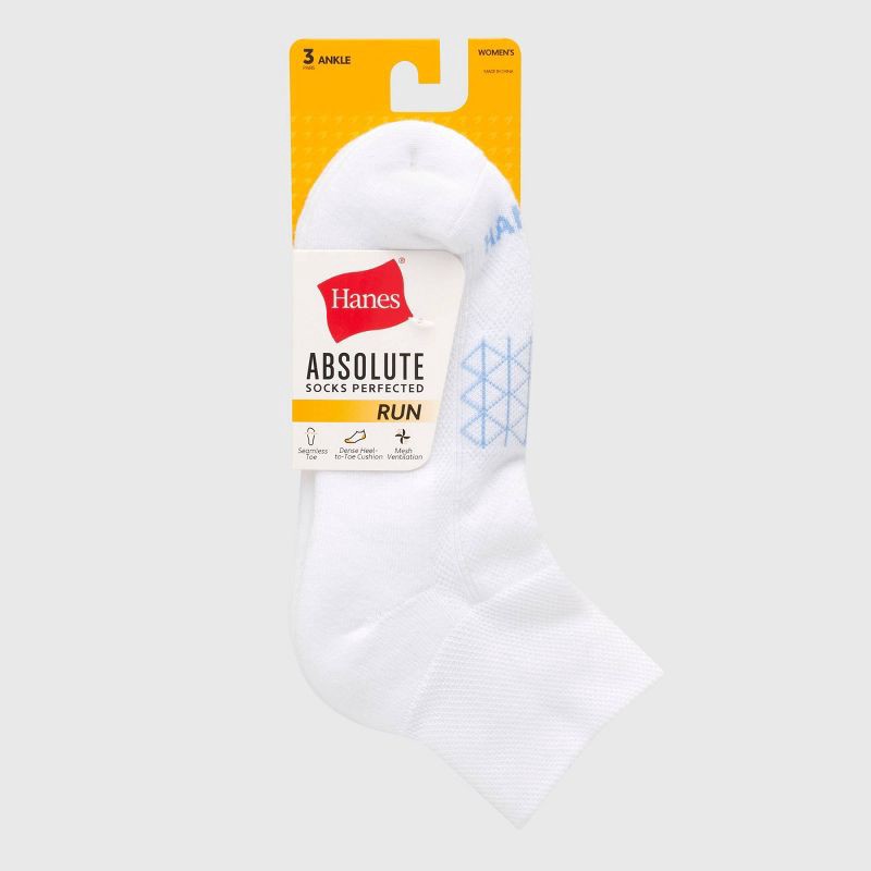 slide 3 of 5, Hanes Women's Absolute Run 3pk Ankle Socks - White 5-9: Polyester Blend, Arch Support, Cushioned Sole, Seamless Toe, Knit, 3 ct