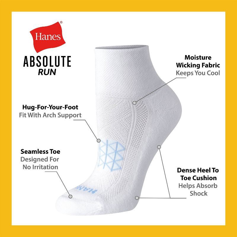 slide 5 of 5, Hanes Women's Absolute Run 3pk Ankle Socks - White 5-9: Polyester Blend, Arch Support, Cushioned Sole, Seamless Toe, Knit, 3 ct