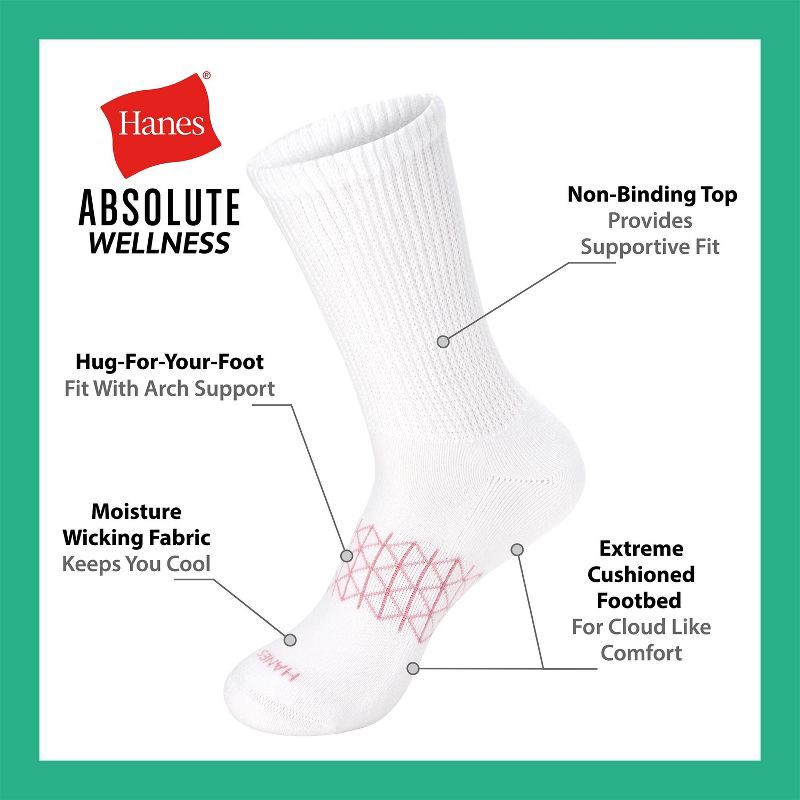 slide 7 of 7, Hanes Women's Absolute Wellness 3pk Non-Binding Crew Socks - Green 5-9: Cotton Blend, Cushioned Sole, Arch Support, Seamless Toe, 3 ct
