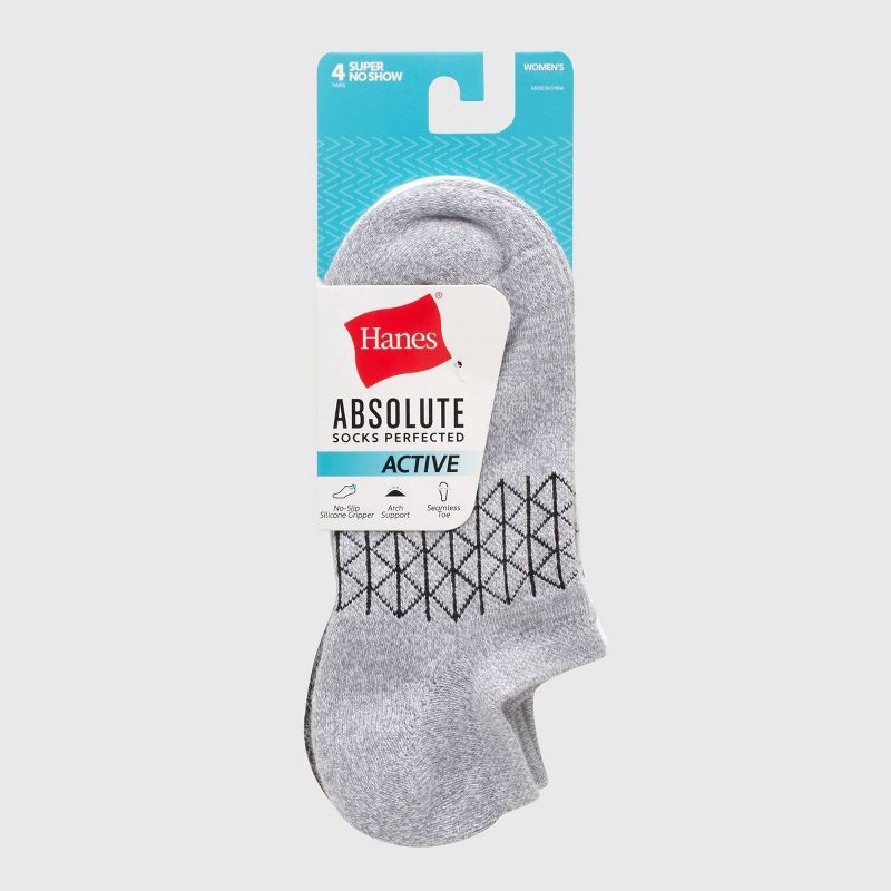 slide 3 of 3, Hanes Women's Absolute Active 4pk Super No Show Socks - White 5-9: Cotton Blend, Arch Support, Cushioned Sole, Seamless Toe, 4 ct