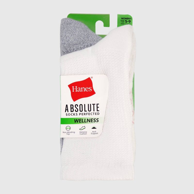 slide 7 of 8, Hanes Women's Absolute Wellness 3pk Non-Binding Crew Socks - White/Black 5-9: Cushioned, Seamless Toe, 3 ct