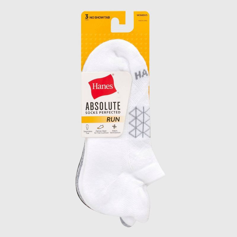 slide 3 of 5, Hanes Women's Absolute Run 3pk No Show Tab Socks - White 5-9: Arch Support, Cushioned Sole, Seamless Toe, 3 ct