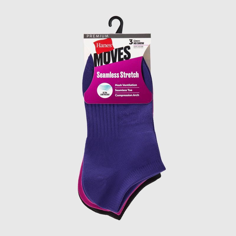 slide 2 of 4, Hanes Women's Moves Premium Seamless Stretch 3pk No Show Socks - Assorted Color 5-9: Midweight Knit, Arch Support, 3 ct
