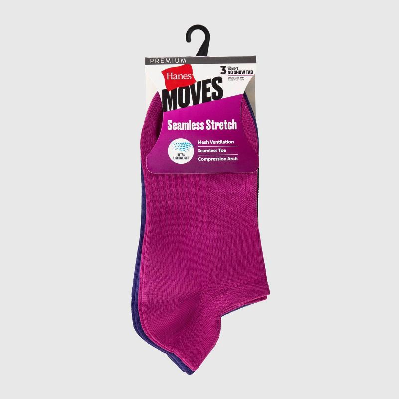 slide 2 of 4, Hanes Women's Moves Premium Seamless Stretch 3pk No Show Tab Socks - Assorted Color 5-9: Midweight Knit, Y-Heel Stitching, Arch Support, 3 ct