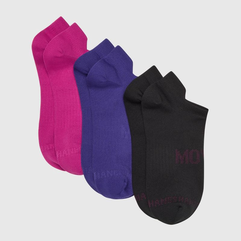 slide 4 of 4, Hanes Women's Moves Premium Seamless Stretch 3pk No Show Tab Socks - Assorted Color 5-9: Midweight Knit, Y-Heel Stitching, Arch Support, 3 ct
