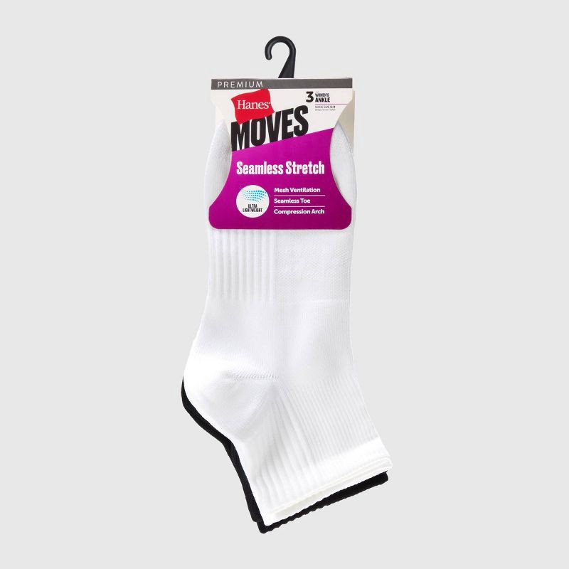 slide 2 of 4, Hanes Women's Moves Premium Seamless Stretch 3pk Ankle Socks - White/Black 5-9: Midweight Knit, Y-Heel Stitching, Arch Support, 3 ct