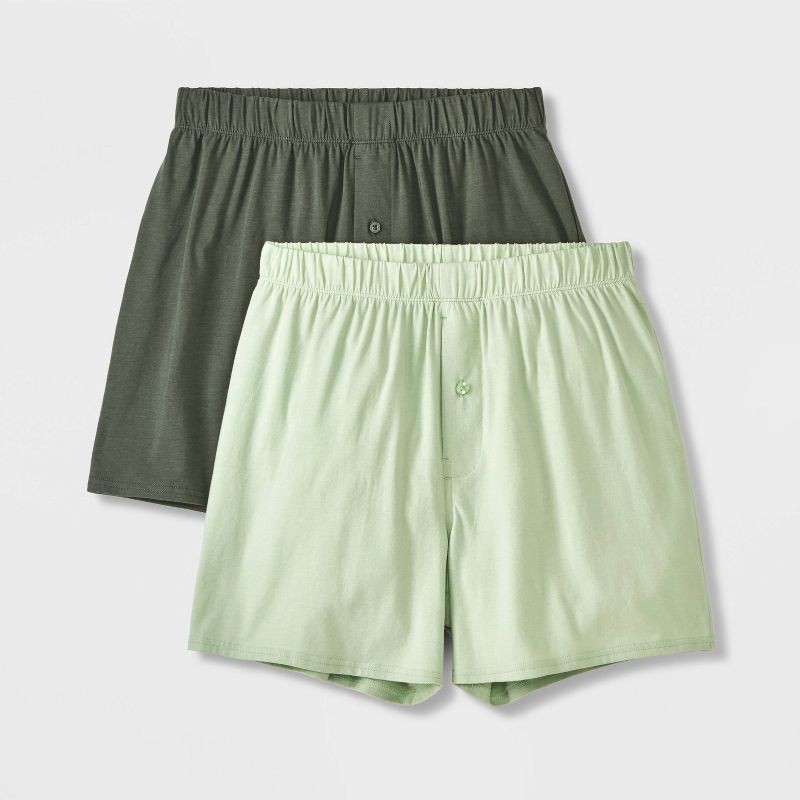 slide 1 of 4, Men's 2pk Fashion Knit Boxer Briefs - Goodfellow & Co™ Sage Green S: Lightweight Cotton Blend, Mid Rise, Pull-On Waistband, 2 ct
