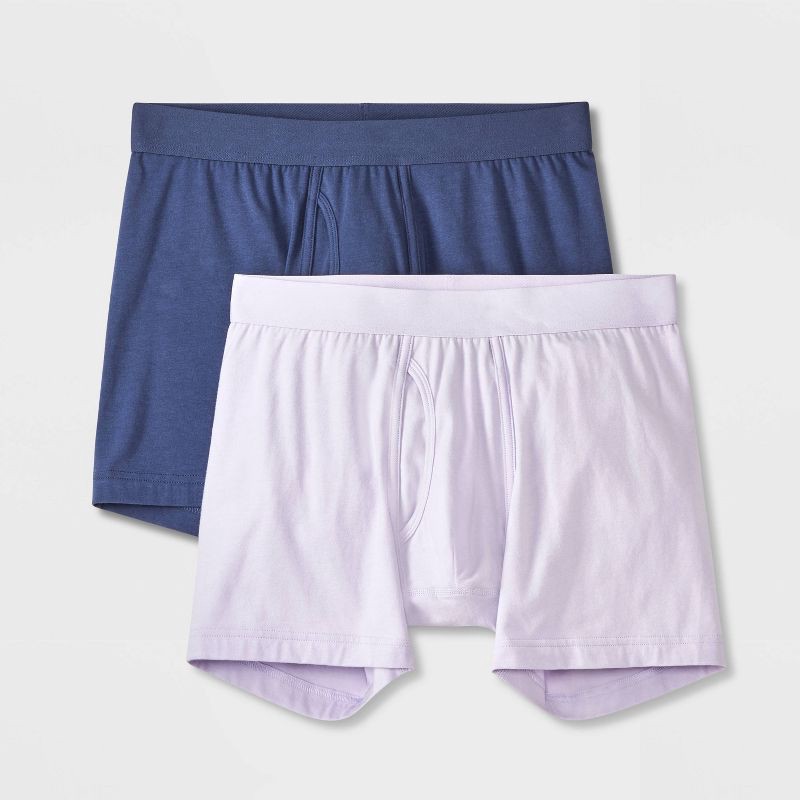 slide 1 of 4, Men's 2pk Fashion Boxer Briefs - Goodfellow & Co™ Purple M: Cotton Blend, Mid Rise, Pull-On Waist, Knit Fabric, 2 ct
