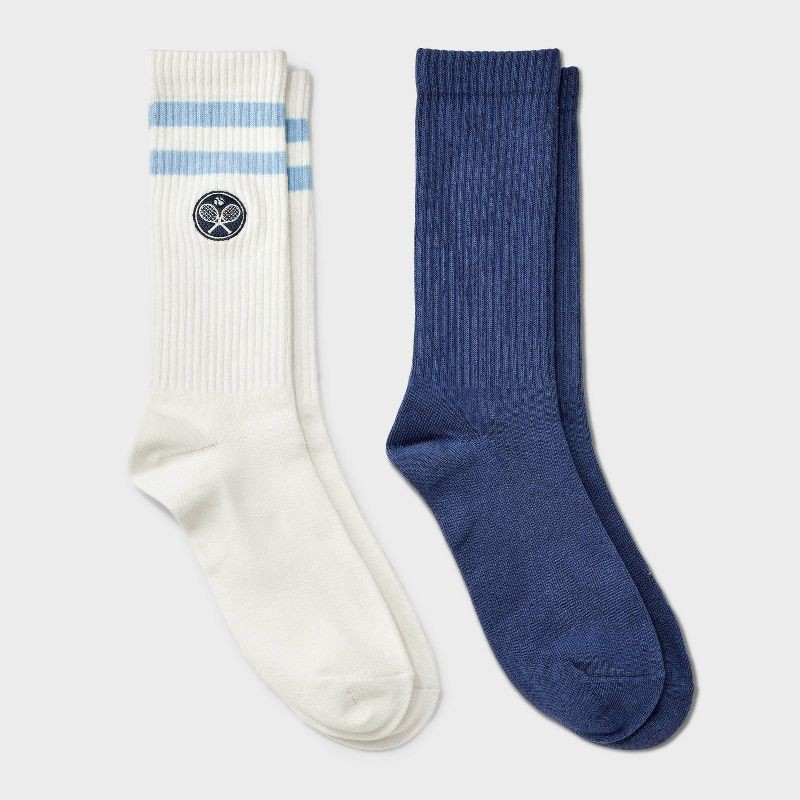 slide 1 of 3, Men's 2pk Casual Crew Socks - Goodfellow & Co™ Ivory/Navy Blue 6-12, 2 ct
