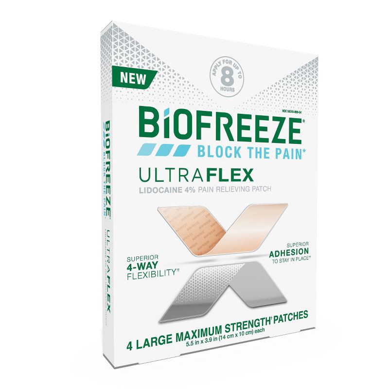 slide 10 of 12, Biofreeze Lidocaine Ultraflex Joint and Muscle Pain Relievers Patch - 4ct, 4 ct