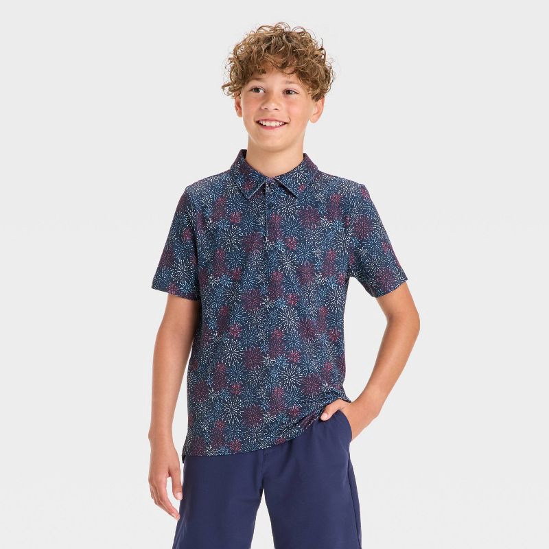 slide 1 of 3, Boys' 4th of July Firework Printed Golf Polo Shirt - All In Motion™ Navy Blue M, 1 ct