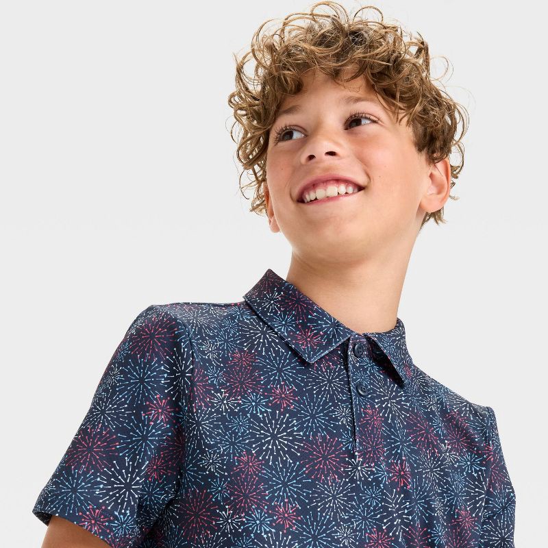 slide 3 of 3, Boys' 4th of July Firework Printed Golf Polo Shirt - All In Motion™ Navy Blue M, 1 ct