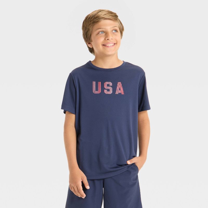 slide 1 of 4, Boys' Short Sleeve 4th of July 'USA' Graphic T-Shirt - All In Motion™ Navy Blue XL, 1 ct