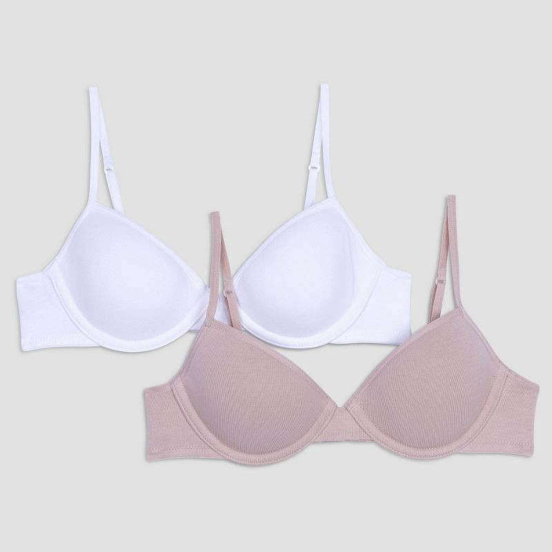 slide 1 of 3, Hanes Girls' 2pk Cotton Molded T-Shirt Bra - White/Beige 30A, 2 ct
