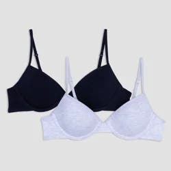 Hanes Girls' 2pk Cotton Molded T-Shirt Bra - Gray/Black 36A: Adjustable Straps, Breathable Fabric