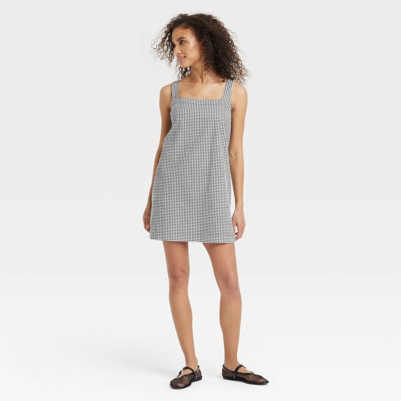 slide 1 of 3, Women's Tank Mini Shift Dress - A New Day™ Black Gingham XL: Cotton Linen Blend, Squareneck, Sleeveless, 1 ct