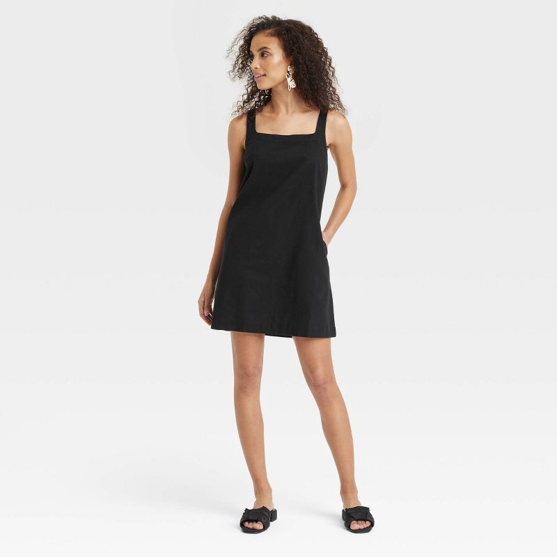 slide 1 of 3, Women's Tank Mini Shift Dress - A New Day™ Black S: Cotton Linen Blend, Squareneck, Sleeveless, Pullover, 1 ct