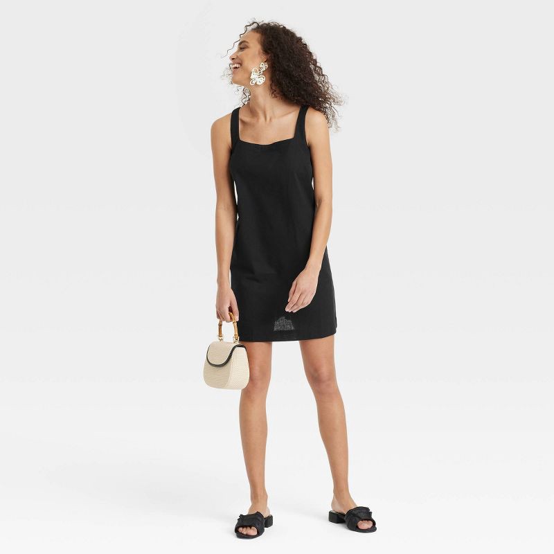slide 3 of 3, Women's Tank Mini Shift Dress - A New Day™ Black S: Cotton Linen Blend, Squareneck, Sleeveless, Pullover, 1 ct
